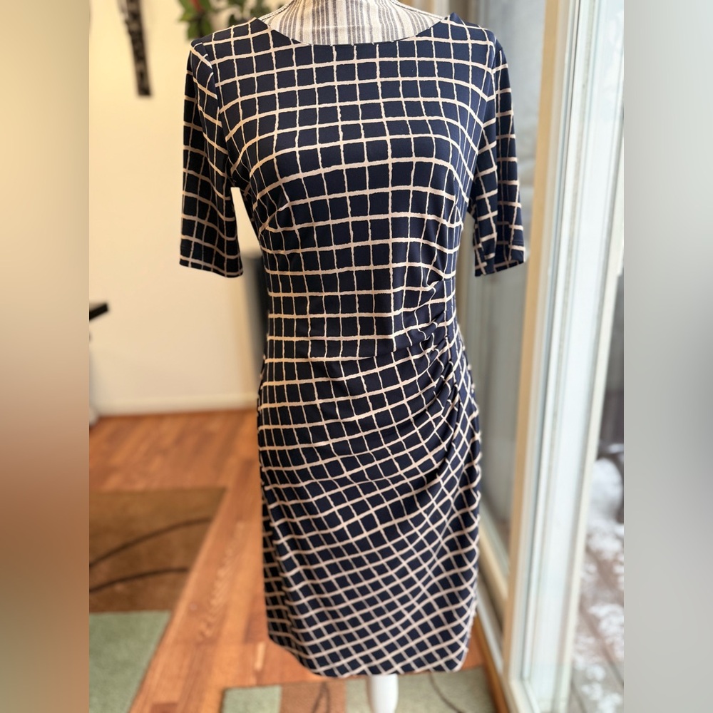 Connected Apparel Navy and Cream Checkered Midi Dress